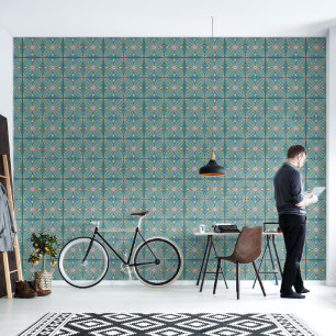 Teal and pink floral tiles Wallpaper