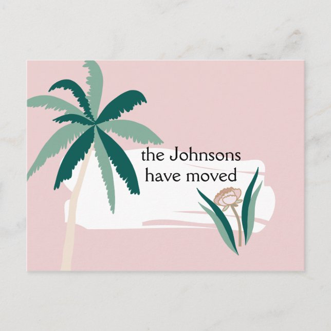 Teal and Pink Palm Tree New Address Announcement Postcard (Front)