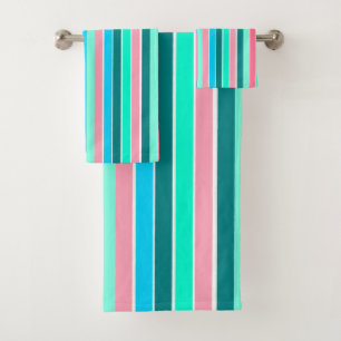 Teal and Pink Stripes Bath Towel Set