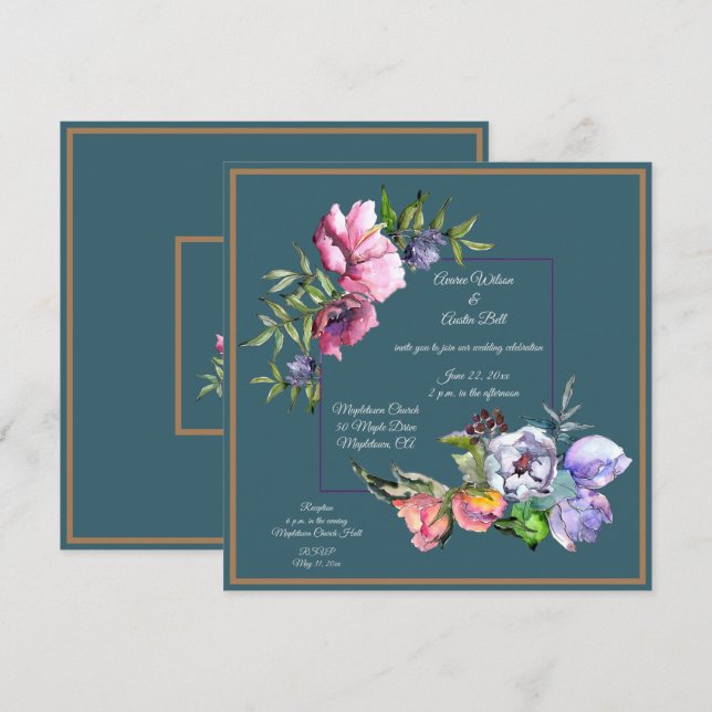 Teal and Pink Watercolor Flowers Invitation (Front/Back)