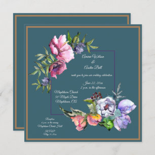Teal and Pink Watercolor Flowers Invitation