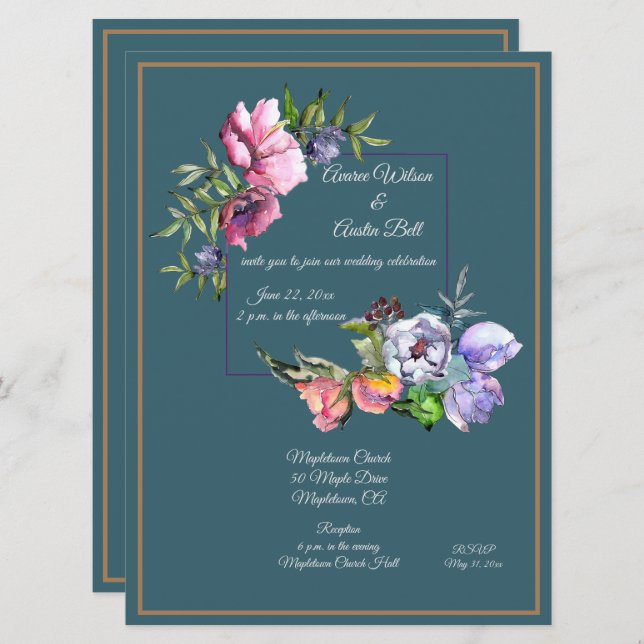 Teal and Pink Watercolor Flowers Invitation (Front/Back)