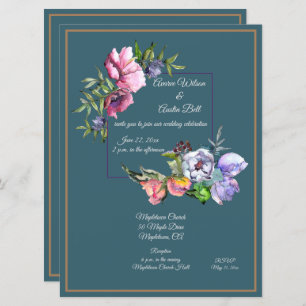 Teal and Pink Watercolor Flowers Invitation