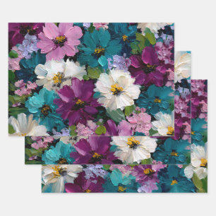 Teal and Plum Painterly Garden Wrapping Paper Sheet