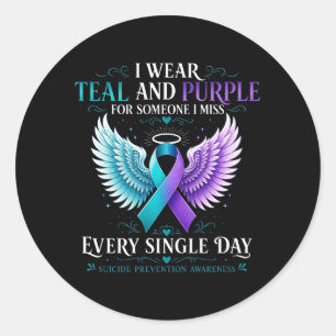 Teal And Purple Awareness Ribbon With Angel Wings Classic Round Sticker
