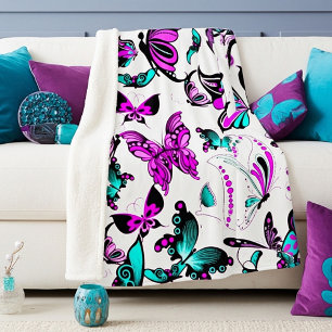 Teal and purple butterflies sherpa blanket