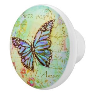 Teal and purple butterfly ceramic knob