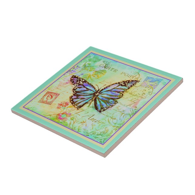 Teal and purple butterfly  ceramic tile (Side)