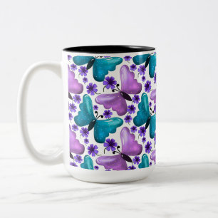 Teal and purple butterfly floral pattern Two-Tone coffee mug