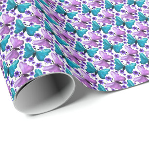 Teal and purple butterfly floral pattern wrapping paper