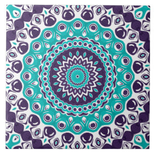 Teal and Purple Mandala Bold Geometric Symmetry Ceramic Tile