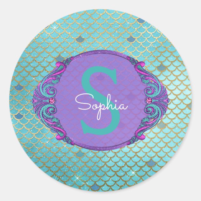 Teal and Purple Mermaid Scales Monogram Birthday Classic Round Sticker (Front)