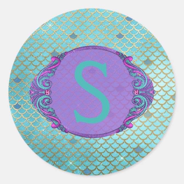 Teal and Purple Mermaid Scales Monogram Birthday Classic Round Sticker (Front)