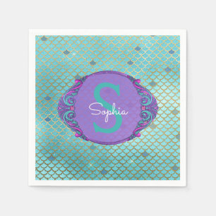 Teal and Purple Mermaid Scales Monogram Birthday Napkin