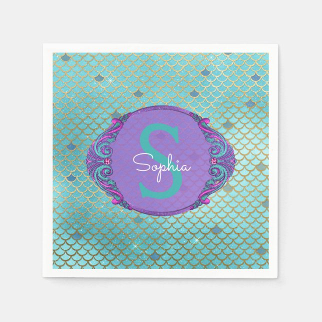 Teal and Purple Mermaid Scales Monogram Birthday Napkin (Front)