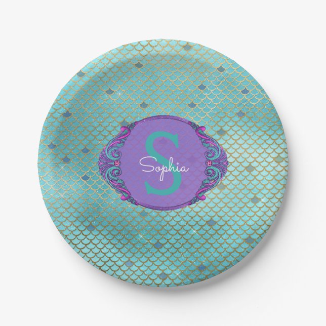 Teal and Purple Mermaid Scales Monogram Birthday Paper Plate (Front)