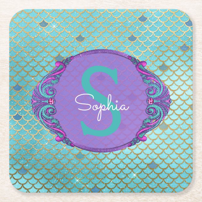 Teal and Purple Mermaid Scales Monogram Birthday Square Paper Coaster (Front)