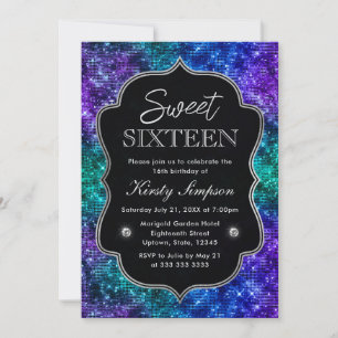 Teal and Purple Ocean Glamour Glitter Sweet 16 Invitation