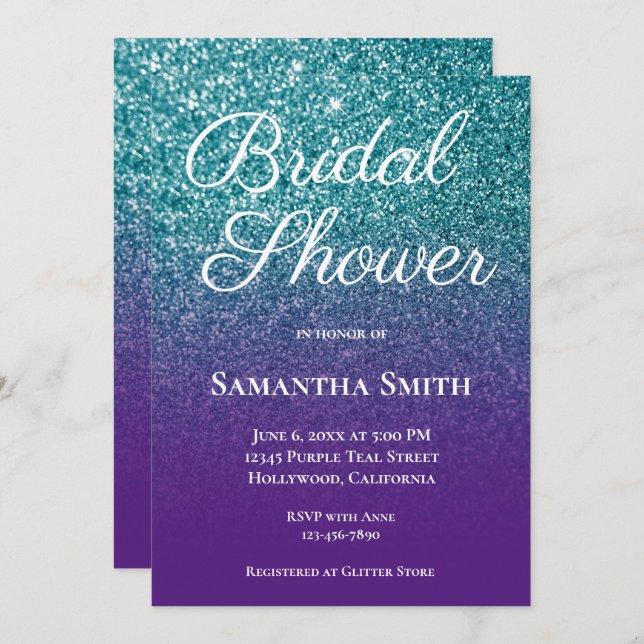 Teal and Purple Ombre Glitter Bridal Shower Invitation (Front/Back)