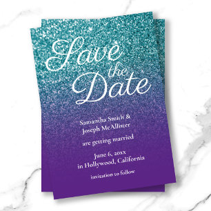 Teal and Purple Ombre Glitter Save the Date Invitation