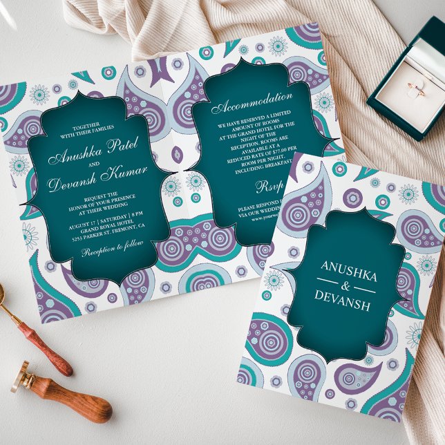 Teal and Purple Paisley Indian Wedding Invitation (Creator Uploaded)