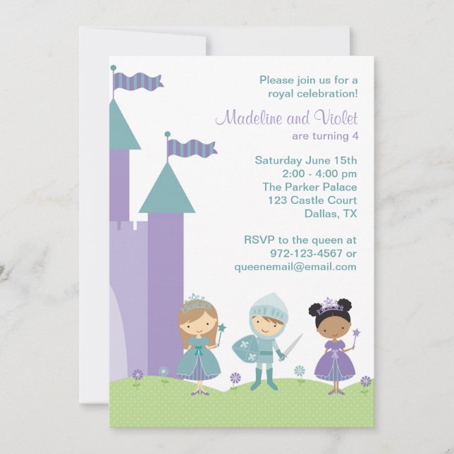 Teal and Purple Princess and Knight Invitations (Front)