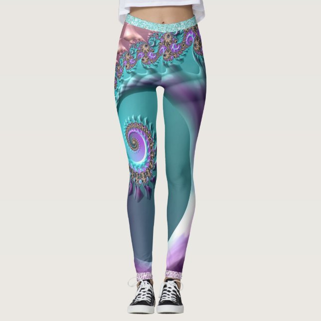Teal and Purple Spiral Fractal Leggings (Front)
