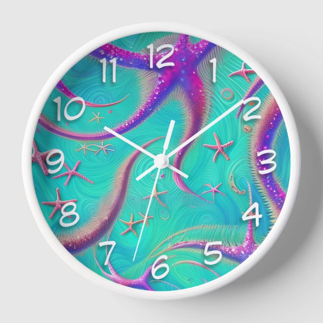 Teal and Purple Starfish Beach Themed Clock (Front)
