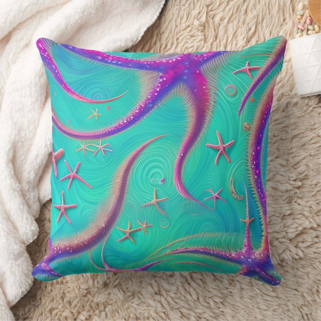 Teal and Purple Starfish Beach Themed Cushion (Blanket)