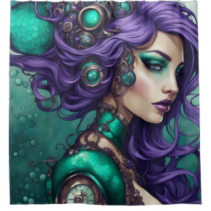 "Teal and Purple Steampunk Mermaid" Shower Curtain