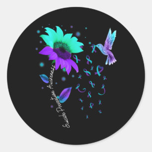 Teal And Purple Sunflower Hummingbird Suicide Prev Classic Round Sticker