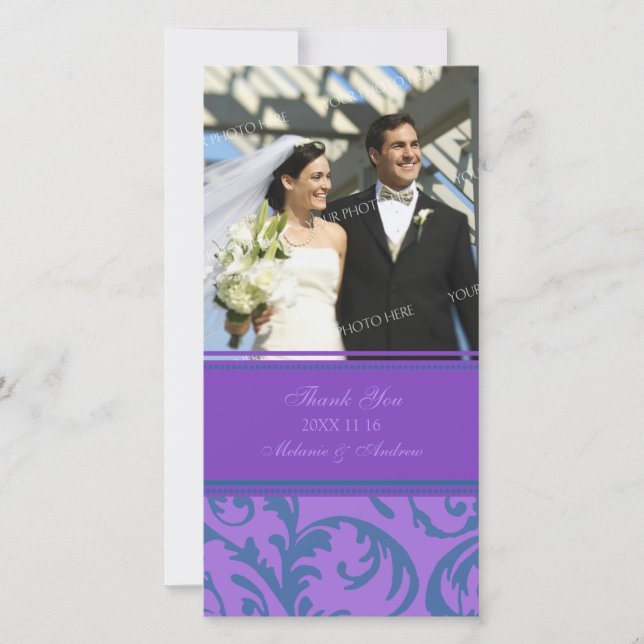 Teal and Purple Swirl Thank You Wedding Photo Card (Front)