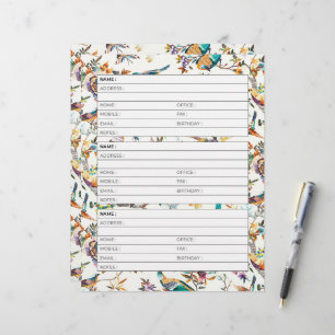 Teal and purple vintage birds address book page