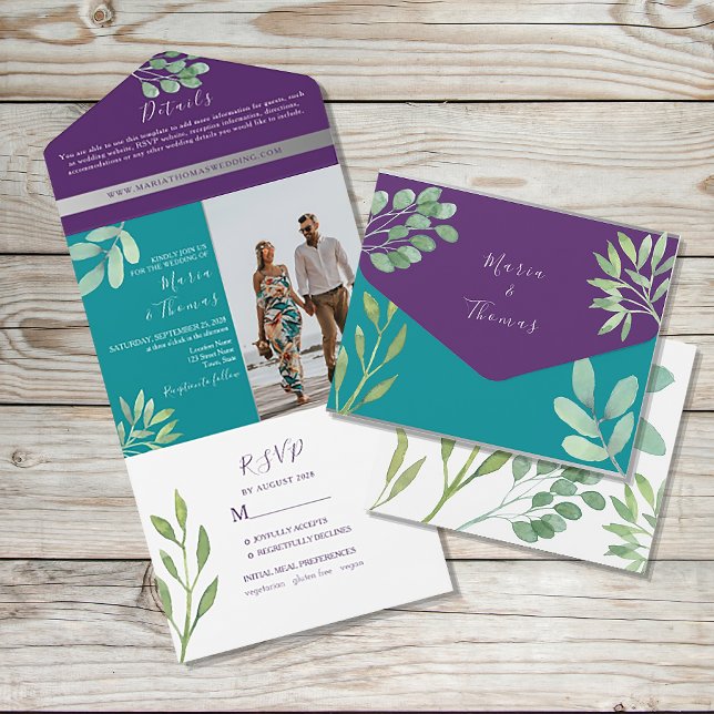 Teal and Purple Wedding All In One Invitation (Creator Uploaded)