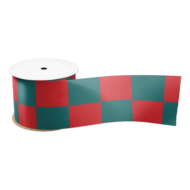 Teal and red chequerboard blocks  satin ribbon (Spool)