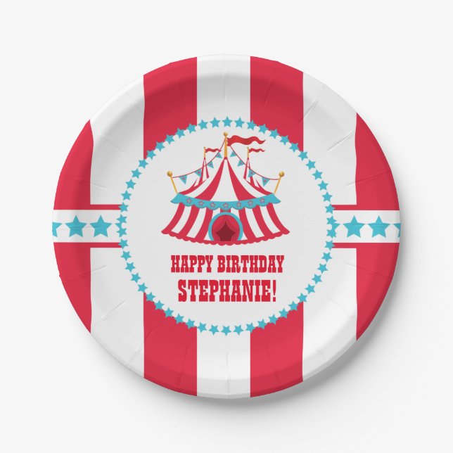 Teal and Red Circus Tent Birthday Plates (Front)