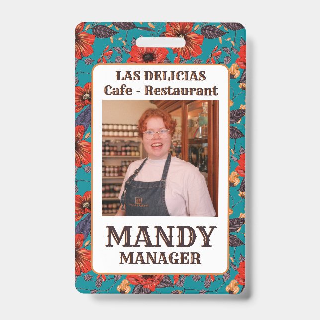Teal and Red Floral Local Cafe Restaurant  ID Badge (Front)