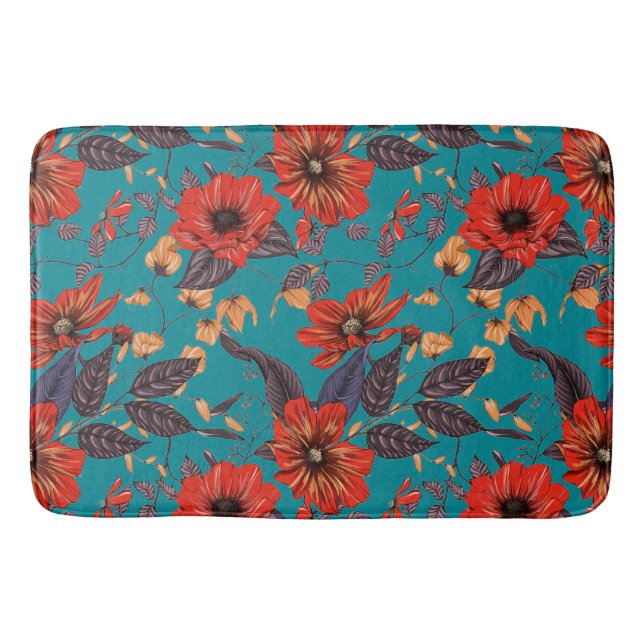Teal and Red Floral Pattern Bath Mat (Front)