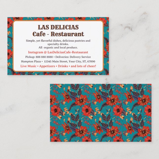 Teal and Red Floral Pattern Cafe Restaurant  Business Card (Front/Back)