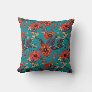 Teal and Red Floral Pattern Cushion
