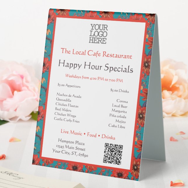 Teal and Red Floral Pattern Happy Hour Specials (In SItu (Wedding))
