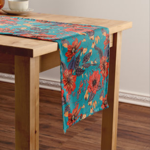 Teal and Red Floral Pattern Short Table Runner