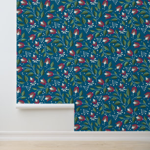 Teal and Red Floral Wallpaper