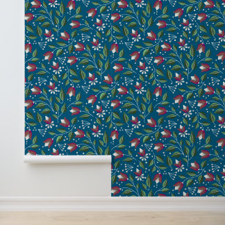 Teal and Red Floral Wallpaper