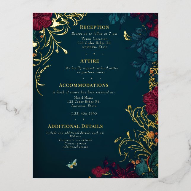 Teal and Red Jeweltone Floral Foil Enclosure Card (Front)