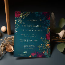 Teal and Red Jeweltone Floral Foil Invitation