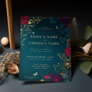 Teal and Red Jeweltone Floral Foil Invitation