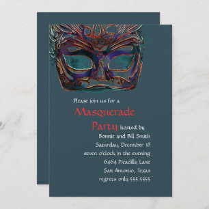 Teal and Red Orange Masquerade Party Invitation