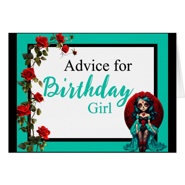 Teal and Red Roses Sugar Skulls Advice Card (Front Horizontal)