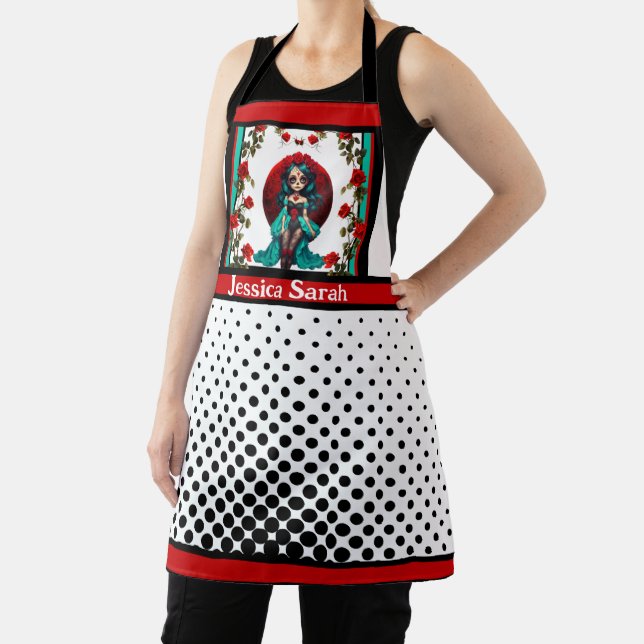 Teal and Red Roses Sugar Skulls Apron (Insitu)